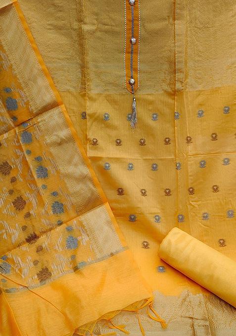 Yellow Woven Banarasi Jacquard Kurta Set