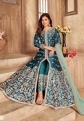 Teal Embroidered Pure Art Silk Anarkali Kurta Set