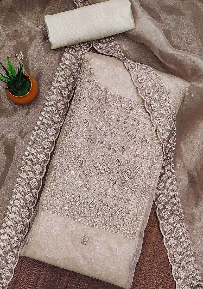 Grey Embroidered Organza Straight Kurta Set - Indya