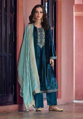 Aqua Blue Zari Sequin Embroidered Velvet Kurta Set