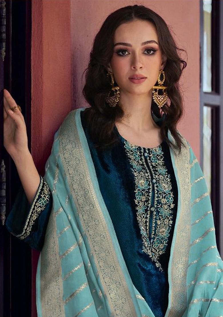 Aqua Blue Zari Sequin Embroidered Velvet Kurta Set - Indya