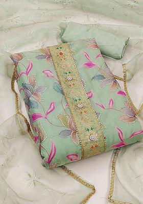 Sea Green Floral Print Poly Blend Kurta Set