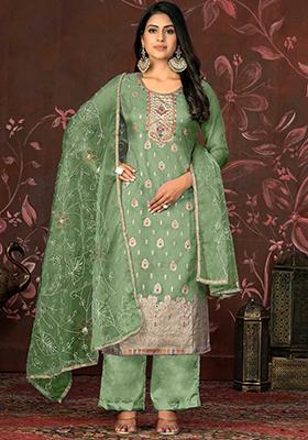 Green Embellished Organza Kurta Set