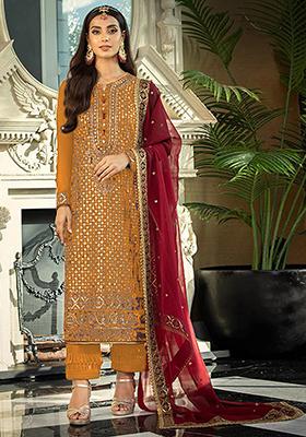Mustard Embroidered Faux Georgette Kurta Set