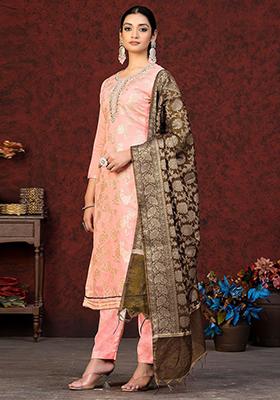 Peach Ethnic Motifs Woven Poly Blend Kurta Set