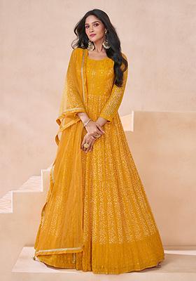 Yellow Embroidered Georgette Anarkali Kurta Set