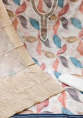 Off White Printed Poly Blend Kurta Set