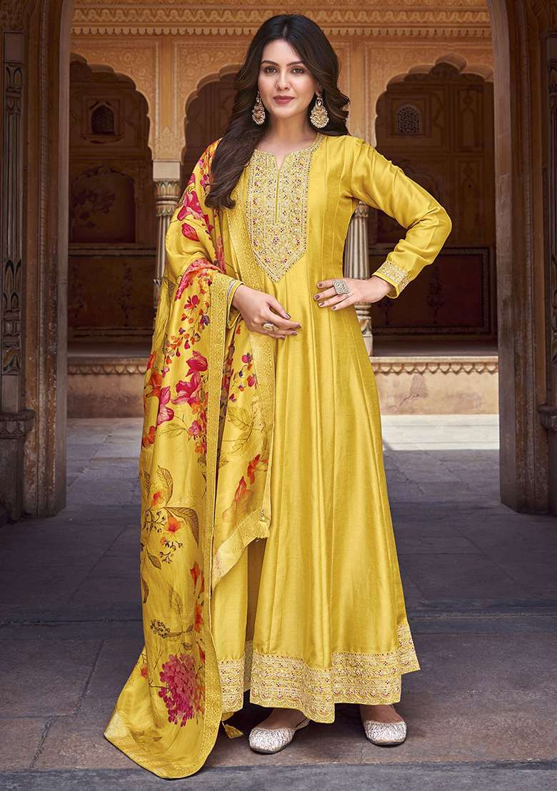 Yellow Zari Sequin Embroidered Vichitra Silk Anarkali Kurta Set - Indya