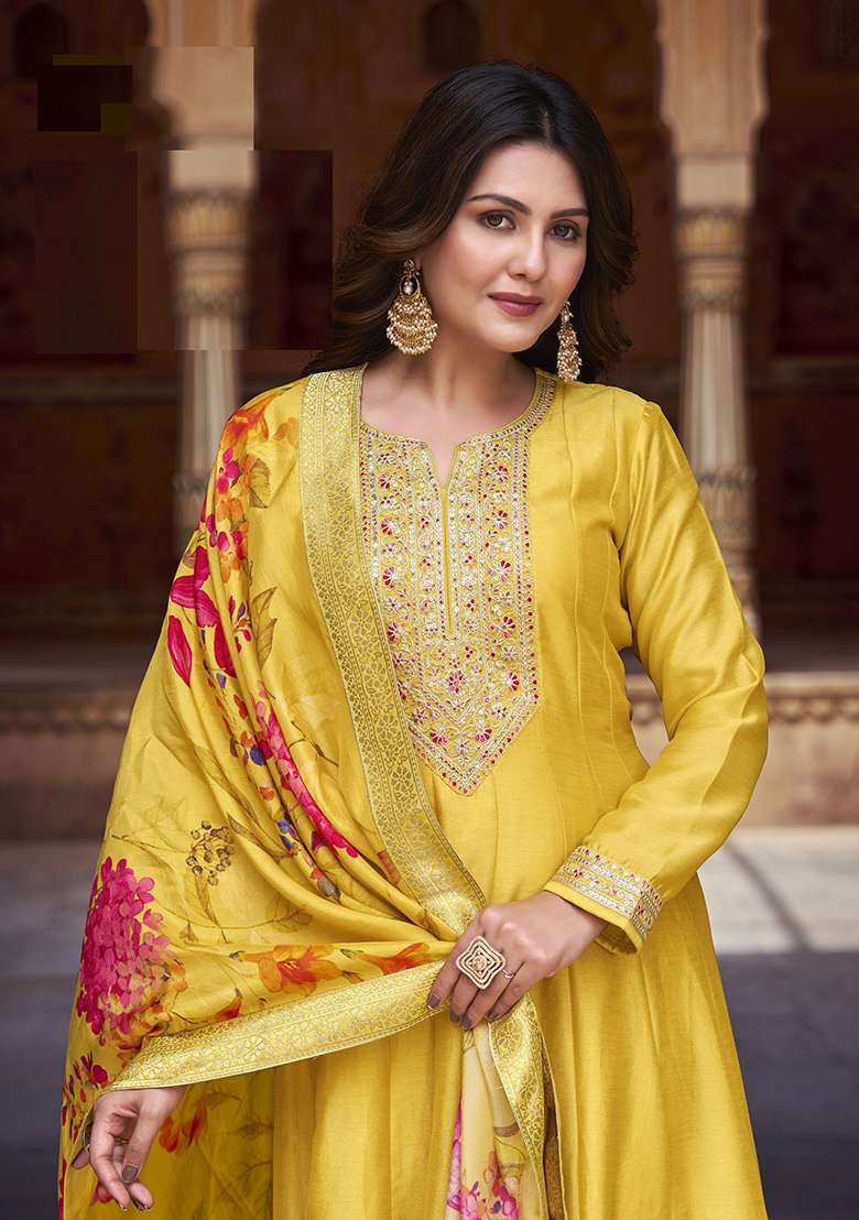 Yellow Zari Sequin Embroidered Vichitra Silk Anarkali Kurta Set - Indya