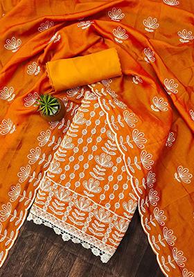Orange Embroidered Poly Blend Kurta Set