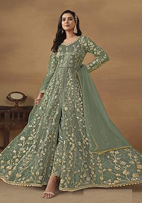 Light Green Embroidered Pure Net Anarkali Kurta Set