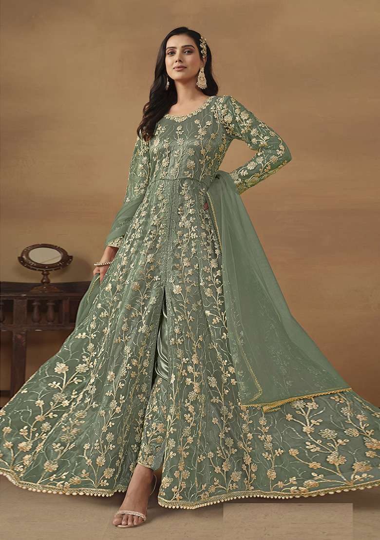 Light Green Embroidered Net Anarkali Set - Indya