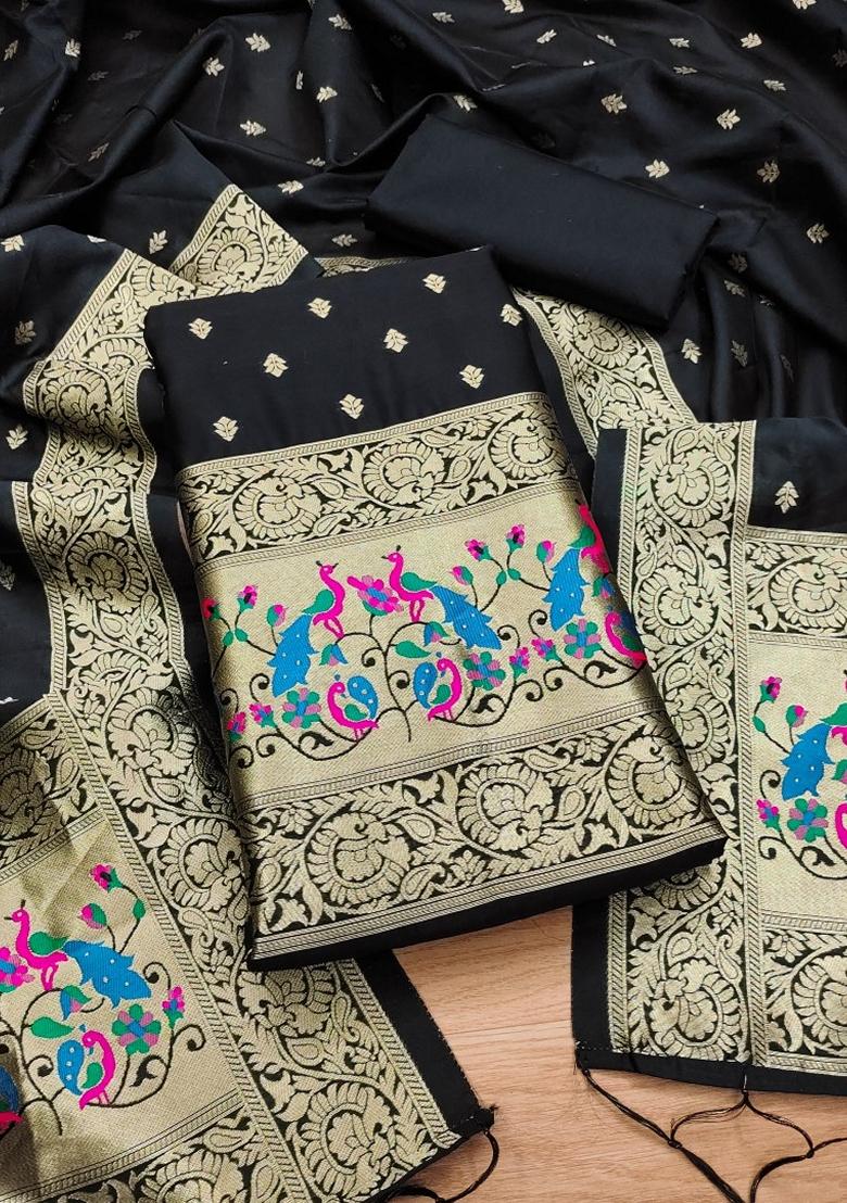 Black Woven Zari Soft Banarasi Silk Kurta Set
