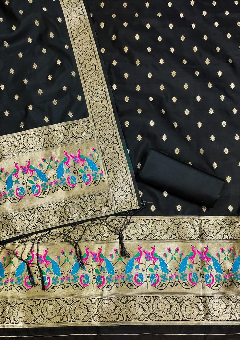Black Woven Zari Soft Banarasi Silk Kurta Set