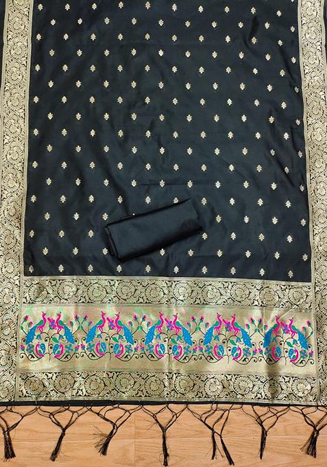Black Woven Zari Soft Banarasi Silk Kurta Set