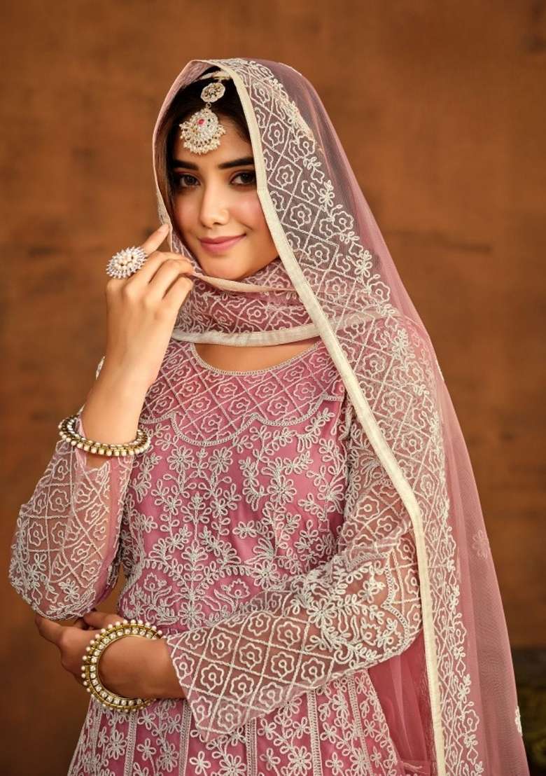 Pink Embroidered Net Anarkali Set - Indya