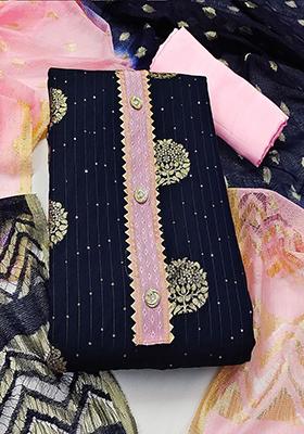 Navy Blue Embroidered Cotton Kurta Set