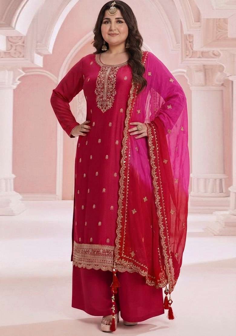 Pink Embroidered Faux Blooming Straight Kurta Set - Indya