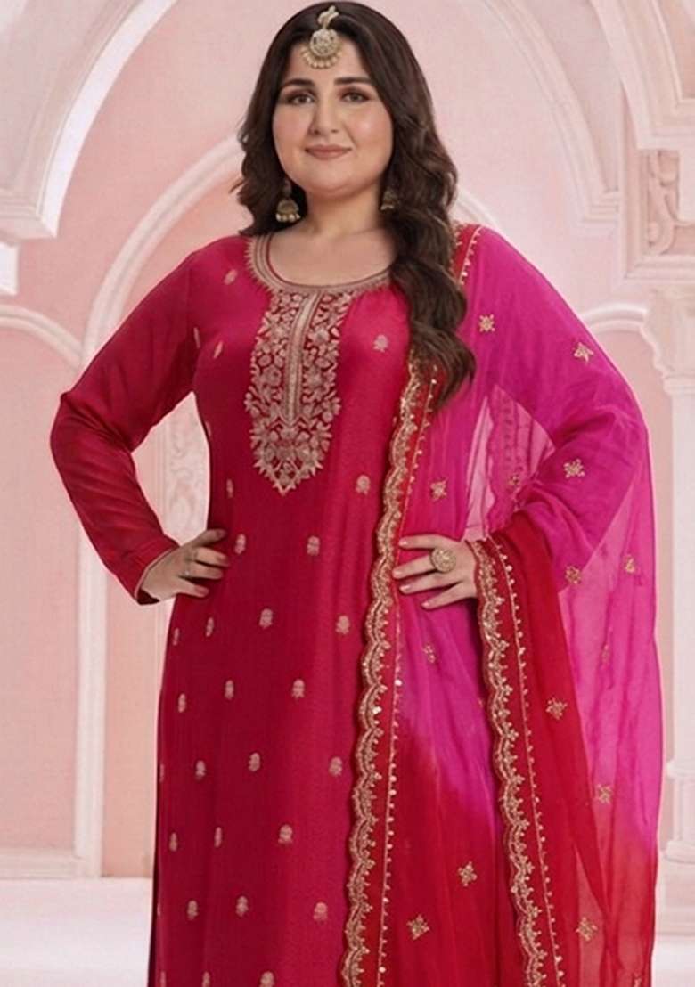 Pink Embroidered Faux Blooming Straight Kurta Set - Indya