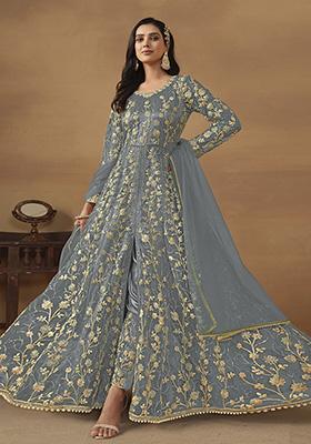 Grey Embroidered Pure Net Anarkali Kurta Set