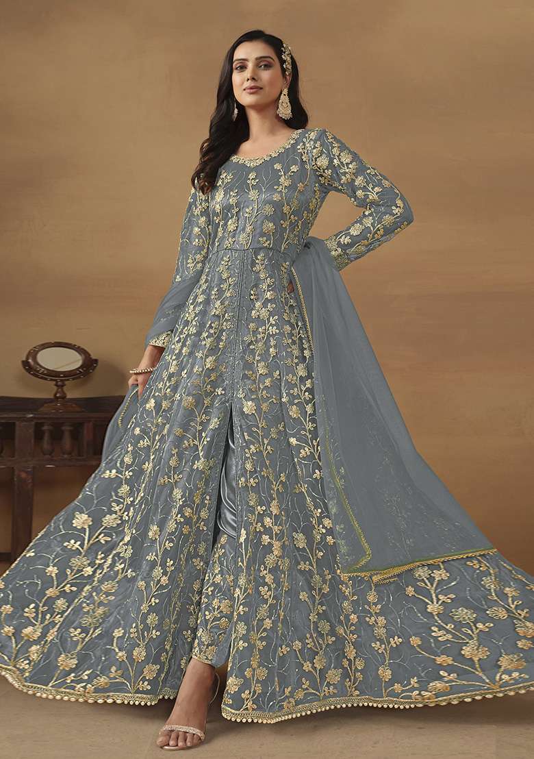 Grey Embroidered Net Anarkali Set - Indya