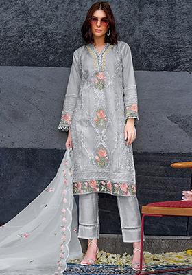 Grey Embroidered Organza Kurta Set