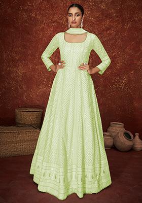 Green Sequin Thread Embroidered Georgette Anarkali Set