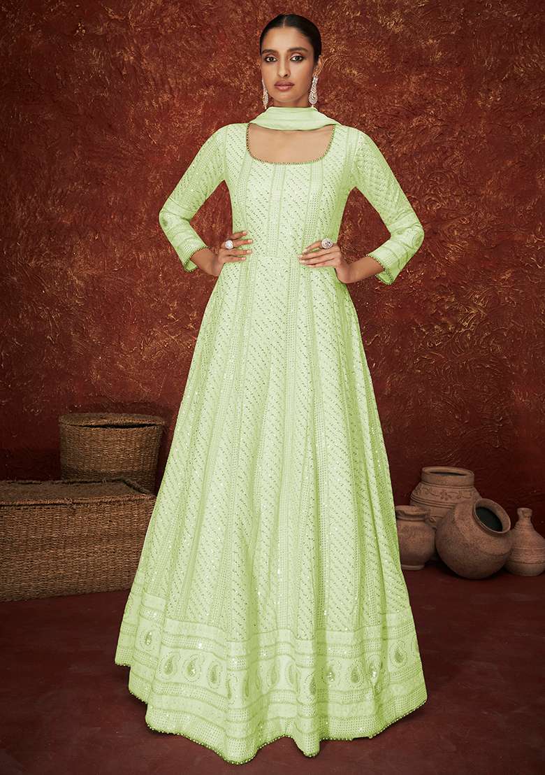 Green Sequin Thread Embroidered Georgette Anarkali Set - Indya