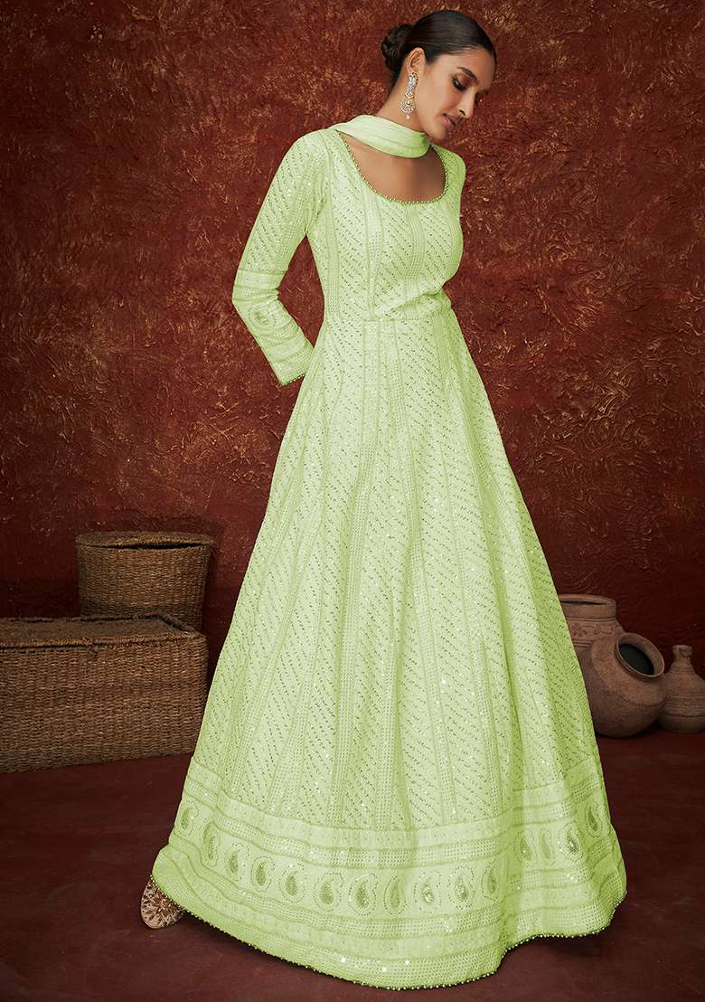 Green Sequin Thread Embroidered Georgette Anarkali Set - Indya