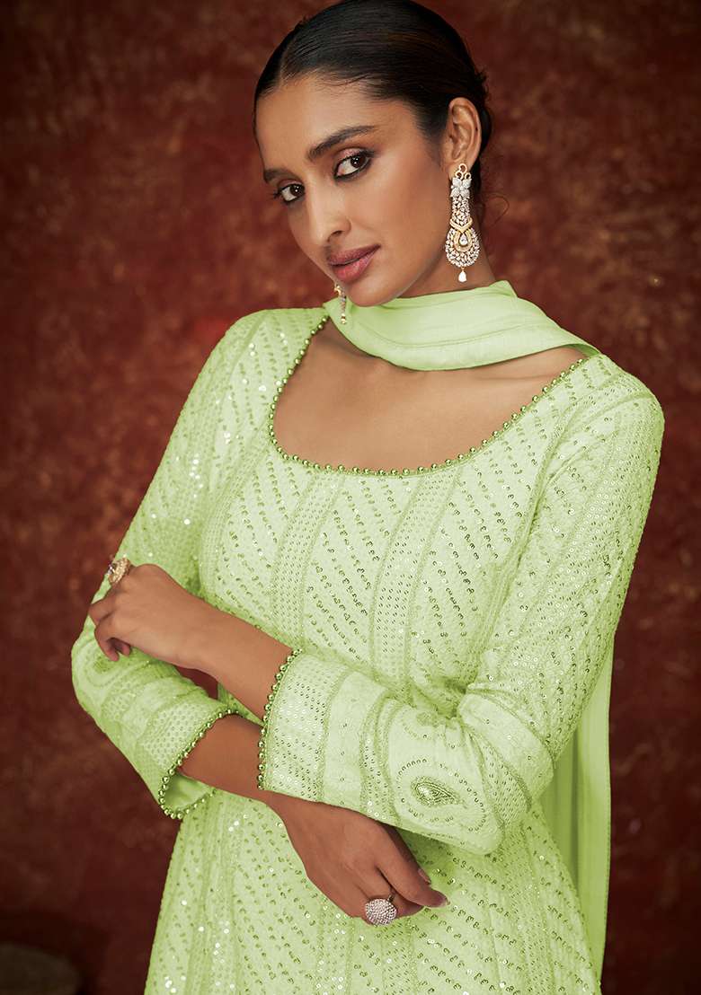 Green Sequin Thread Embroidered Georgette Anarkali Set - Indya