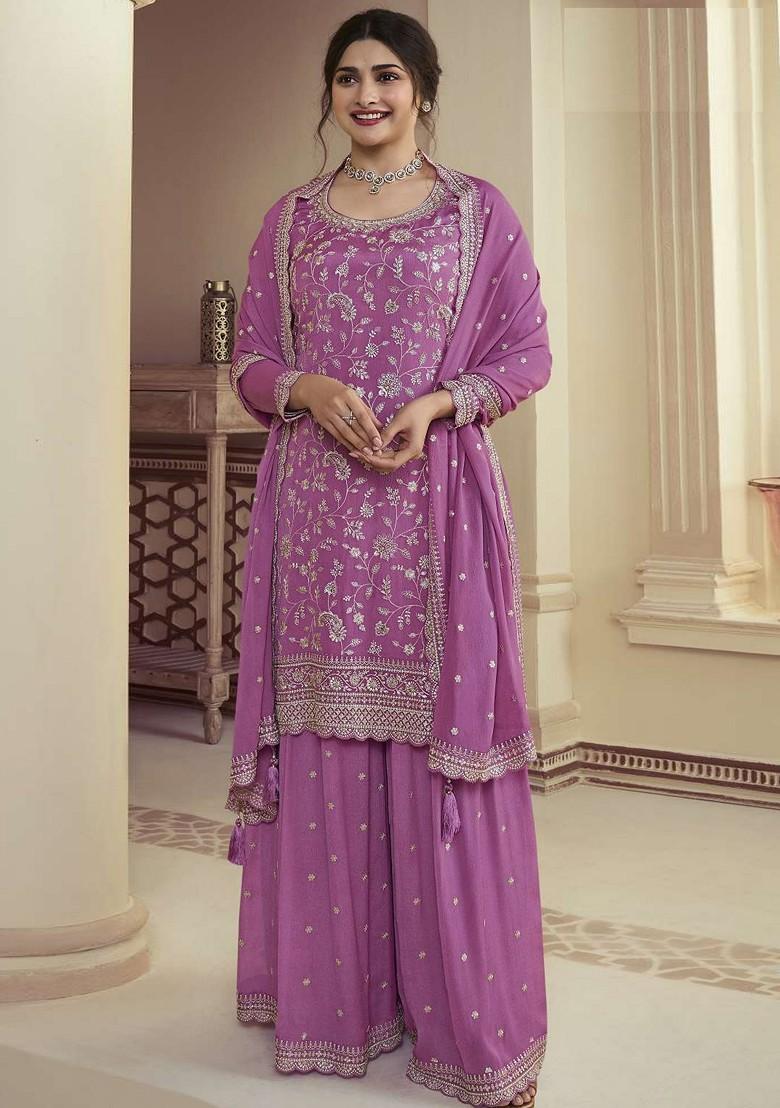 Purple Embroidered Art Silk Sharara Set