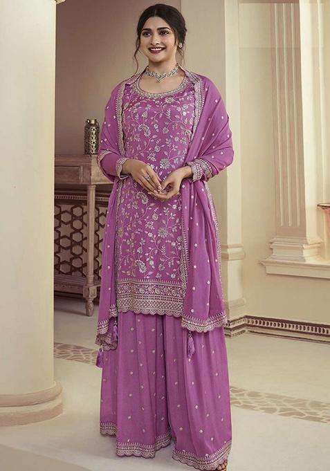 Purple Embroidered Art Silk Sharara Set