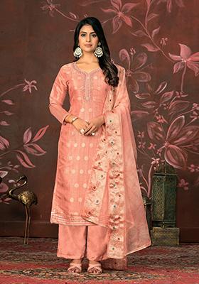 Peach Woven Poly Blend Kurta Set
