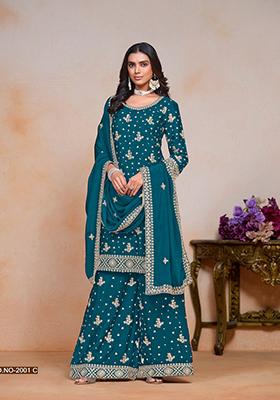 Teal Embroidered Poly Blend Kurta Set