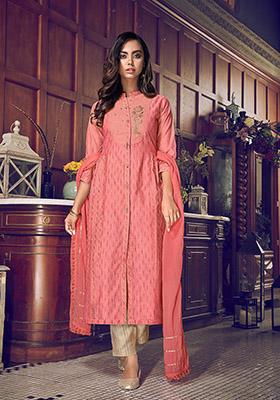 Pink Resham Embroidered Art Silk Kurta Set