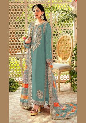 Sky Blue Embroidered Faux Georgette Kurta Set