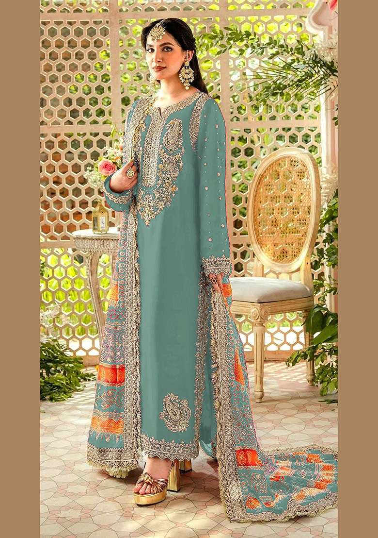 Sky Blue Embroidered Faux Georgette Kurta Set - Indya