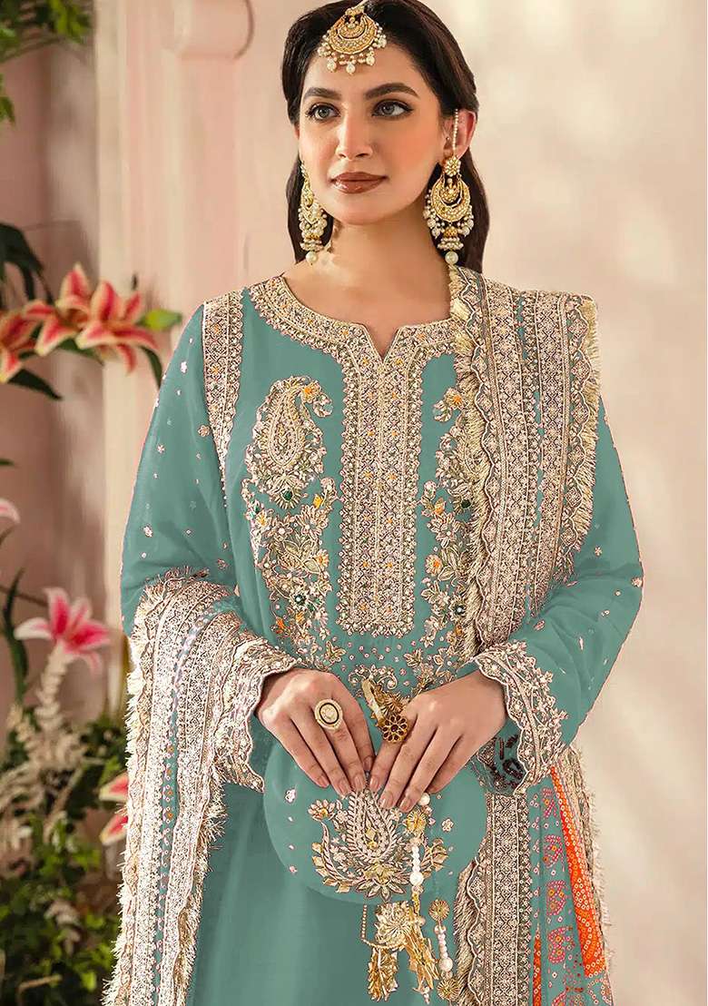 Sky Blue Embroidered Faux Georgette Kurta Set - Indya