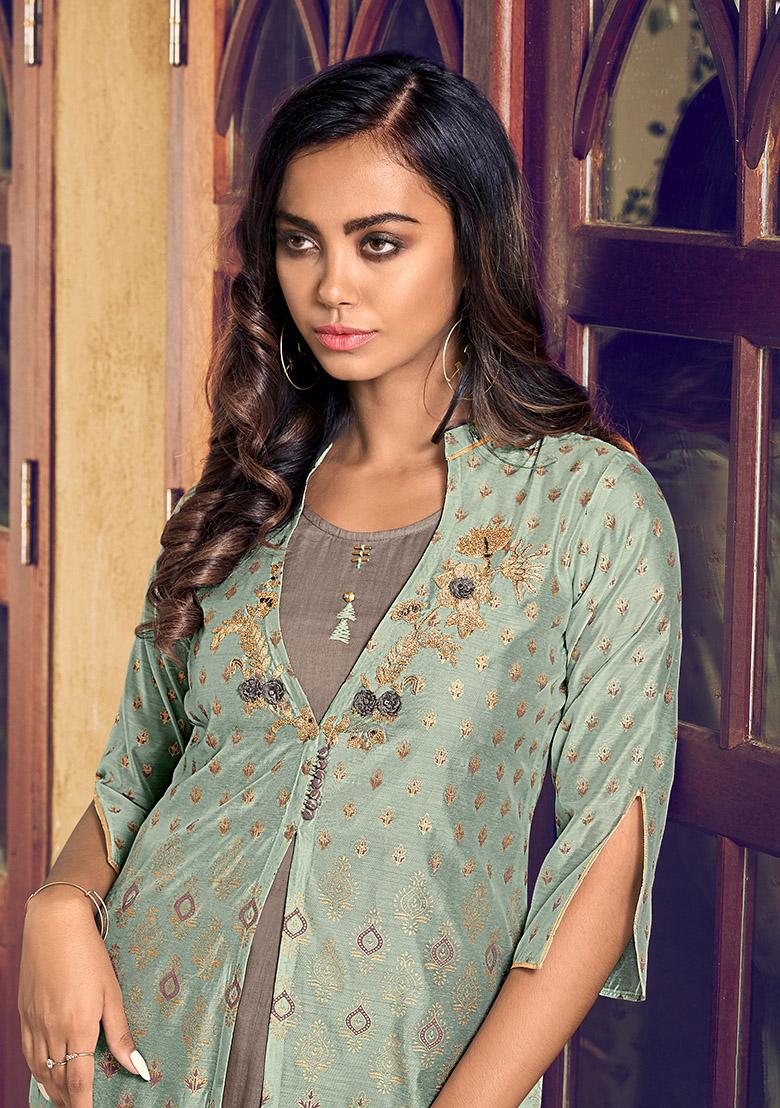 Blue Resham Embroidered Art Silk Kurta Set - Indya