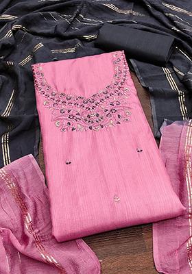 Pink Floral Embroidered Cotton Kurta Set
