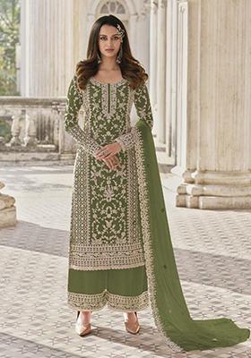 Green Stone Work Embroidered Net Kurta Set