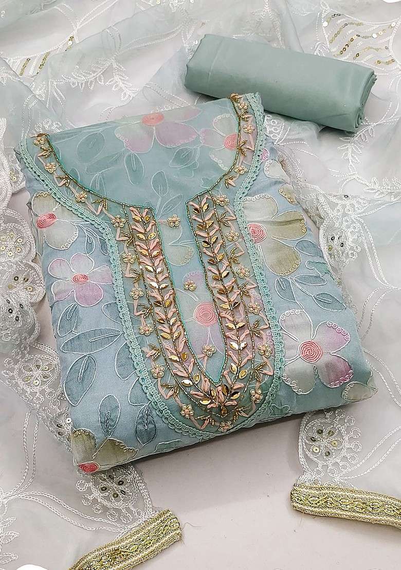 Sea Green Embroidered Organza Straight Kurta Set - Indya