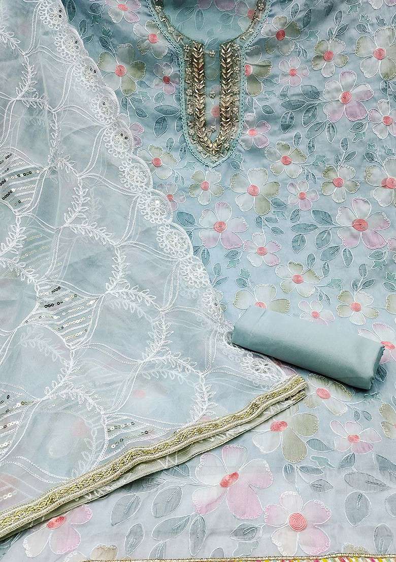 Sea Green Embroidered Organza Straight Kurta Set - Indya