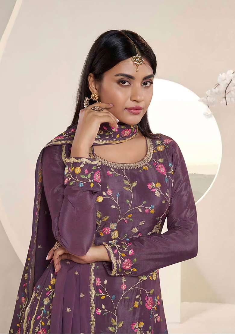 Purple Embroidered Chinon Anarkali Set - Indya