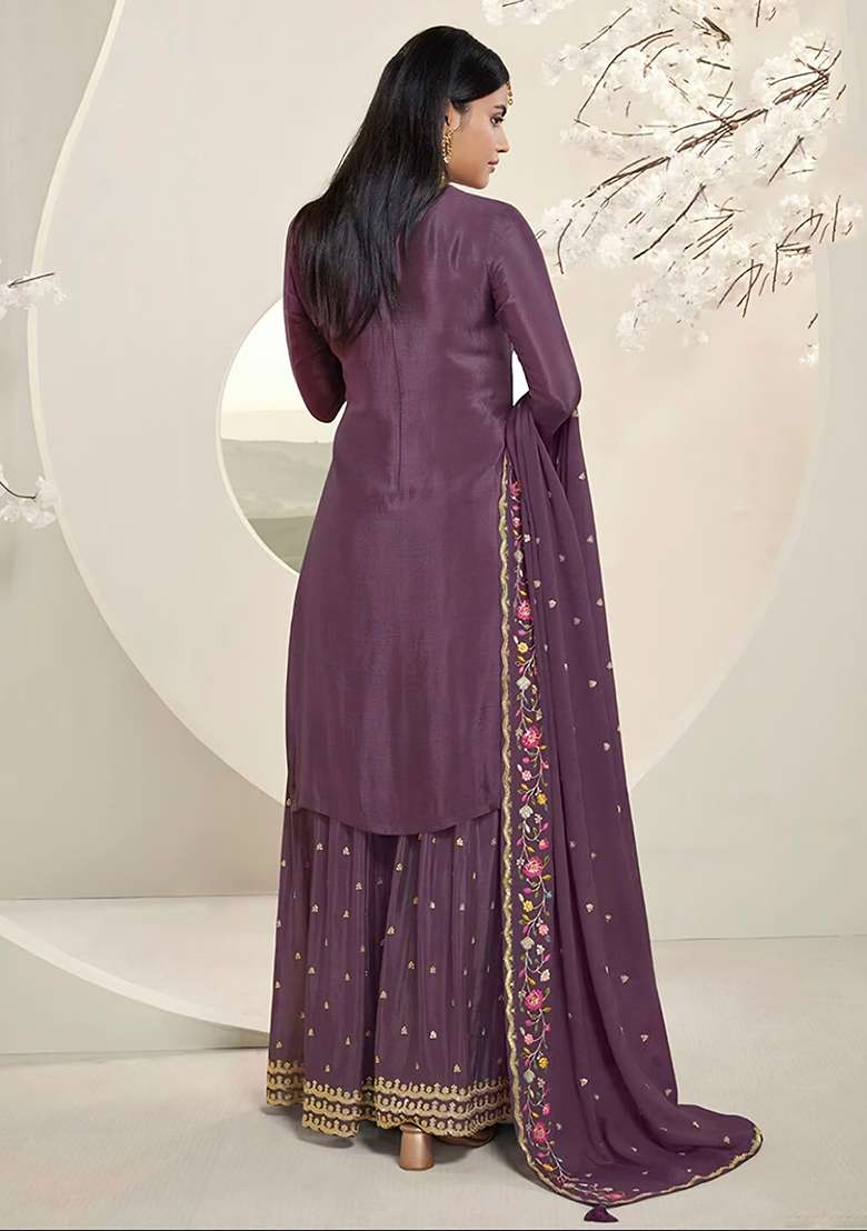 Purple Embroidered Chinon Anarkali Set - Indya