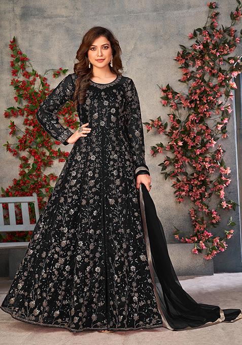 Black Embroidered Pure Net Anarkali Kurta Set
