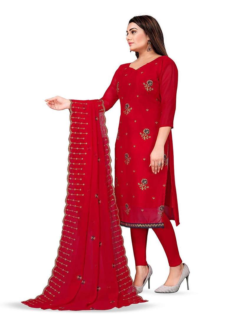 Red Embroidered Silk Blend Georgette Kurta Set - Indya