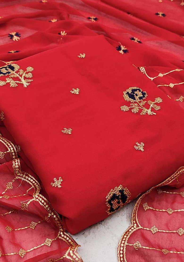 Red Embroidered Silk Blend Georgette Kurta Set - Indya