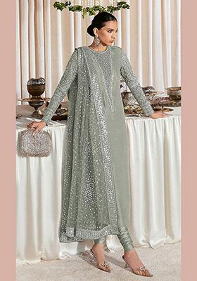 Olive Embroidered Faux Georgette Kurta Set