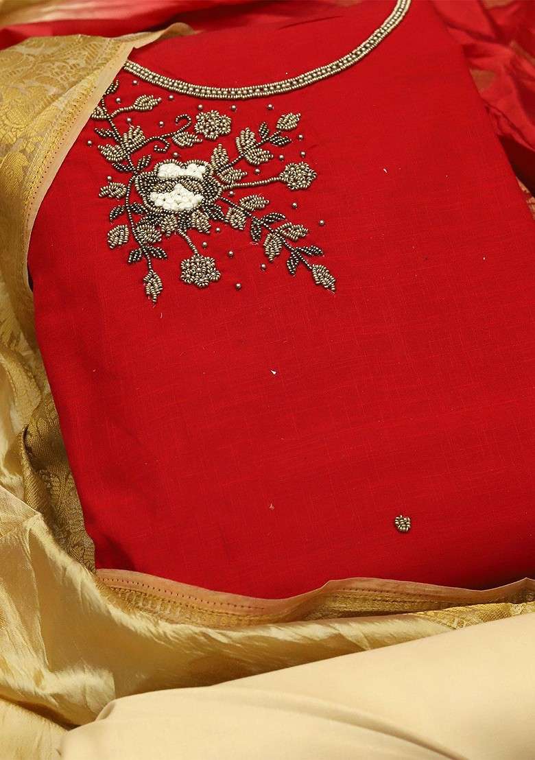 Red Embellished Poly Blend Kurta Set - Indya